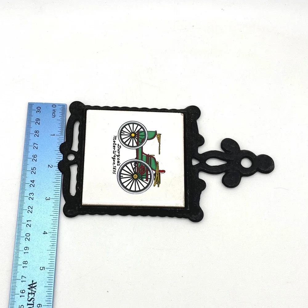 Vintage Cast Iron Ceramic Trivet Duryea's Motor Wagon 1895 San-Huan Black Ornate